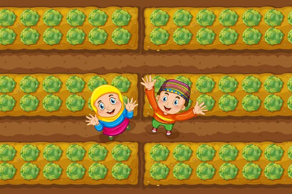 Two muslim kids in vegetable garden — Stock Vector