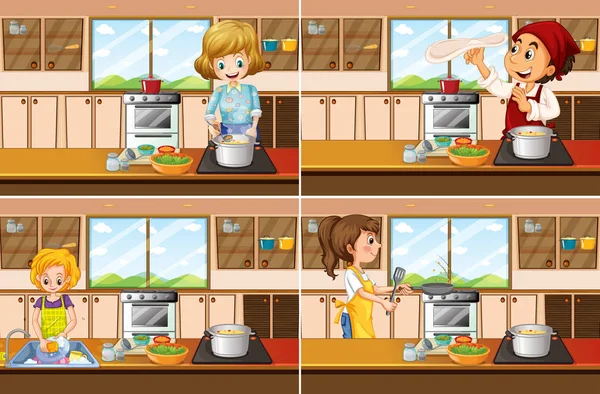 Cuatro escenas de cocina con hombre y mujer cocinando — Vector de stock