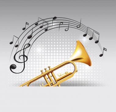 Arka planda müzik notları ile altın trompet