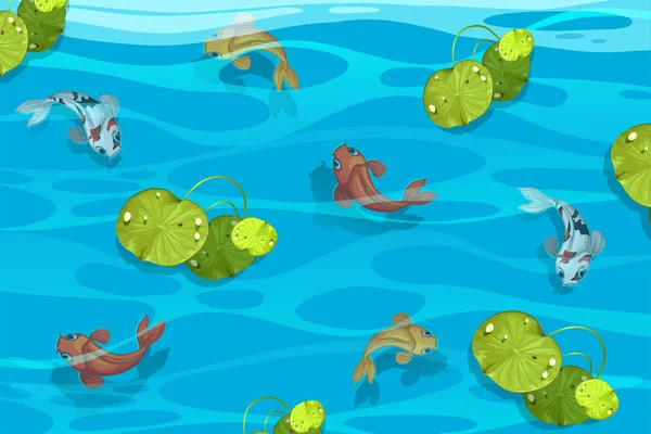 Muchos peces koi en la piscina — Vector de stock