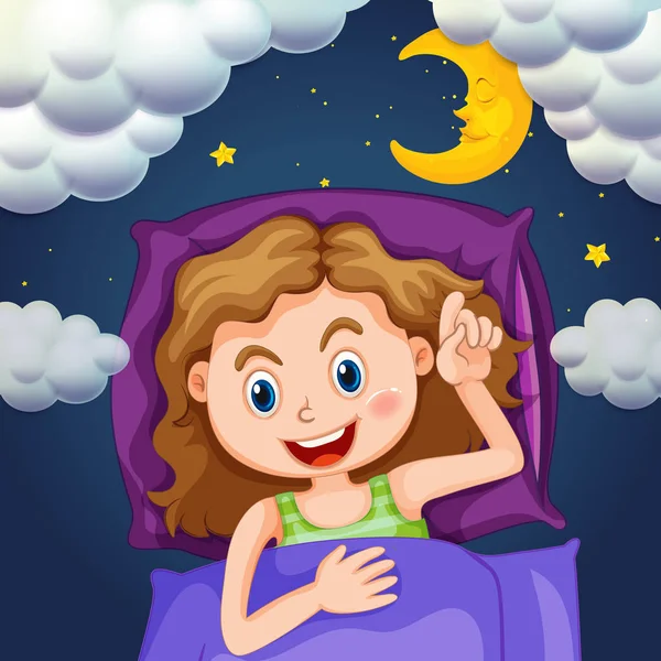 Chica en la cama púrpura por la noche — Vector de stock