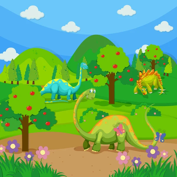 Três dinossauros na floresta — Vetor de Stock