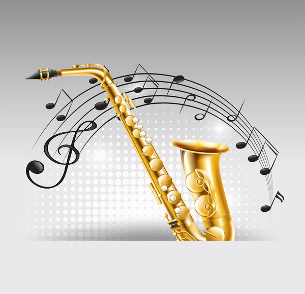 Saxofón con notas musicales de fondo — Vector de stock