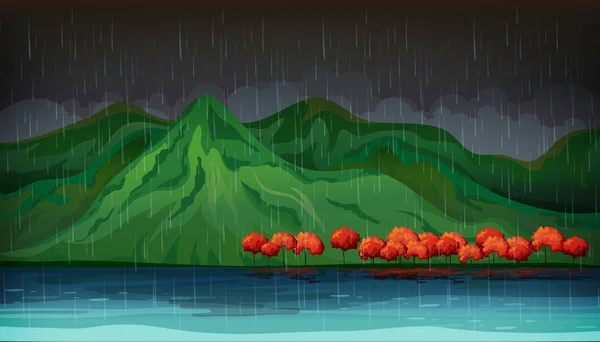Scène nature avec des arbres rouges et un grand lac — Image vectorielle
