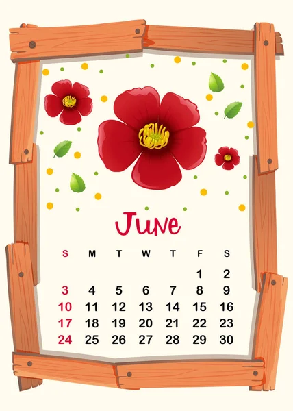 Šablona kalendáře pro červen s červeným květem — Stockový vektor