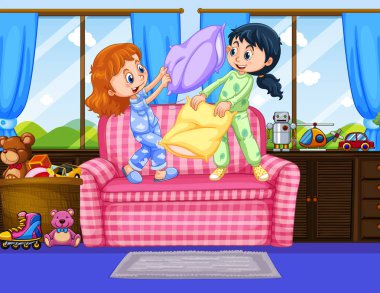İki kız yastık kavga odasında oynarken pijama