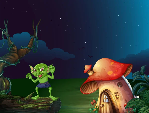 绿色妖怪在蘑菇房子在晚上 — 图库矢量图片
