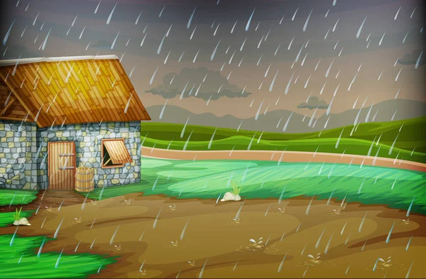 Scène de campagne avec petite cabane sous la pluie — Image vectorielle