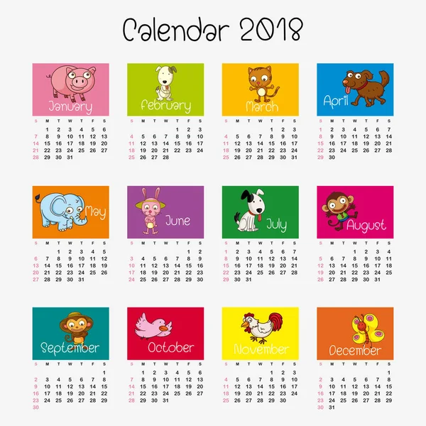 Plantilla de calendario con diferentes animales — Archivo Imágenes Vectoriales