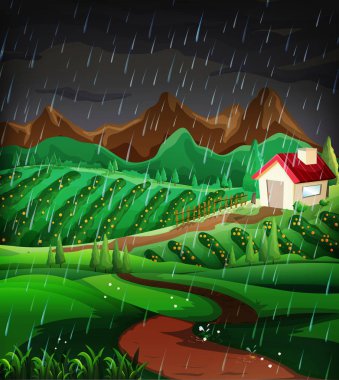 Hillside içinde yağmur ile doğa sahne