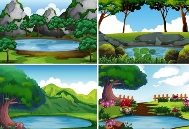 Dört arka plan sahneleri ile parkta gölet