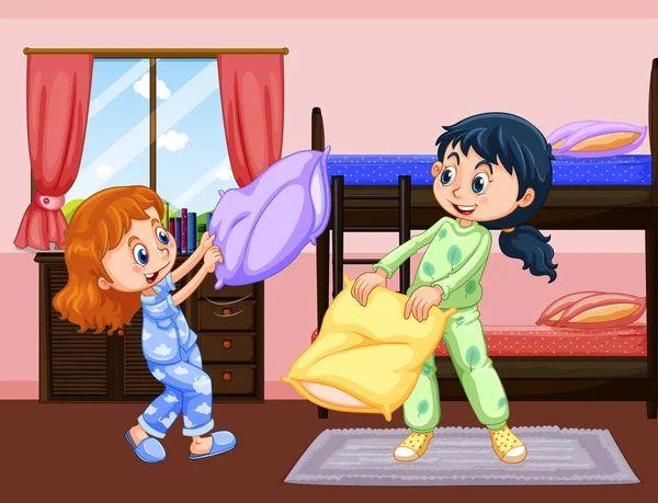 Two girls playing pillow fight in bedroom — Stock Vector