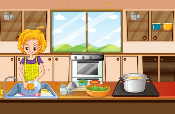 Woman doing dishes in kitchen — Stock Vector