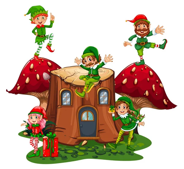 Many elves on log home in garden — Stock Vector