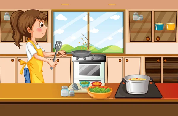 Mujer cocinando en la cocina — Vector de stock