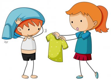 Sister helping brother getting dressed