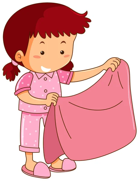 Κορίτσι στο ροζ πιτζάμες κρατώντας ροζ κουβέρτα Διάνυσμα Αρχείου