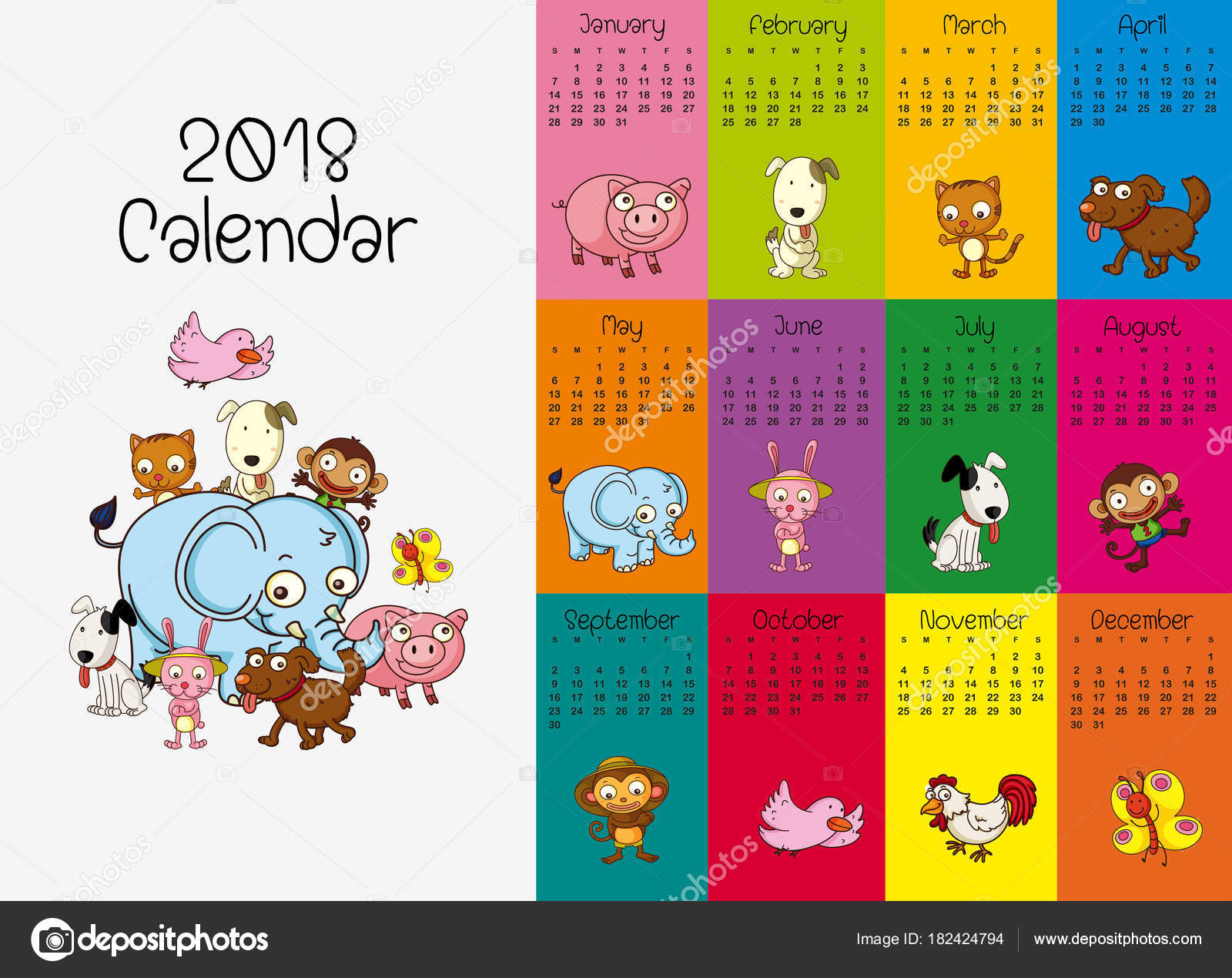 野生動物と 2018年カレンダー テンプレート — ストックベクター