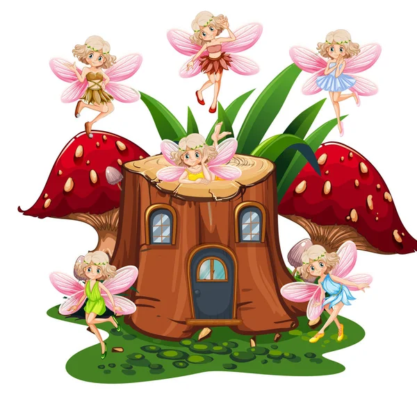 Six fairies flying around log home in garden — Stock Vector