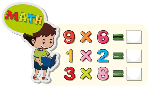 Math kalkylbladsmall med pojke och multiplikation problem — Stock vektor