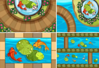 Balık havuzları ile dört sahneleri