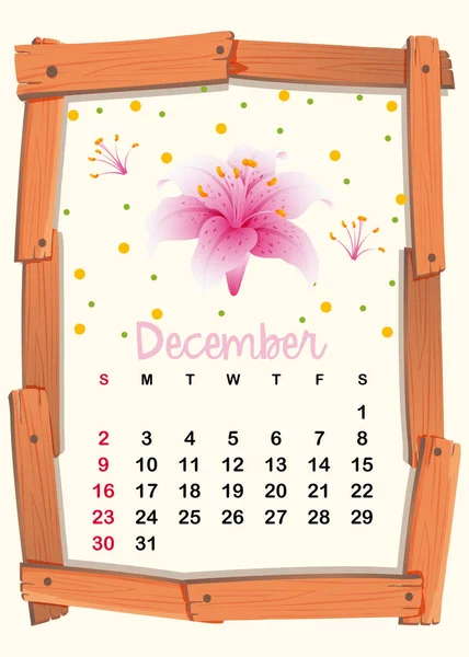 Modelo de calendário para dezembro com lírio rosa — Vetor de Stock