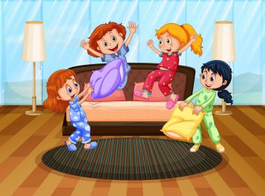 Dört kız yastık ile oynarken pijama