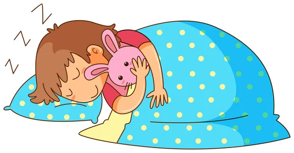 Gadis kecil tidur dengan boneka kelinci - Stok Vektor