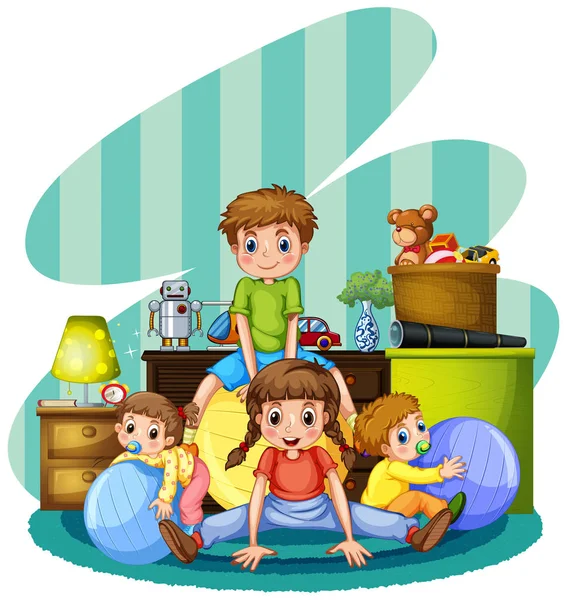 Cuatro niños jugando en la habitación — Vector de stock