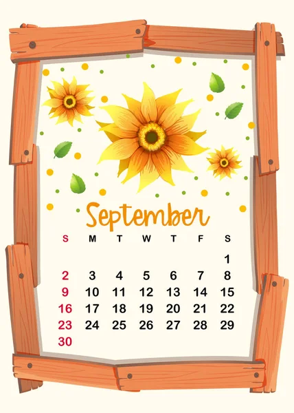 Templat Kalender dengan bunga matahari untuk September - Stok Vektor