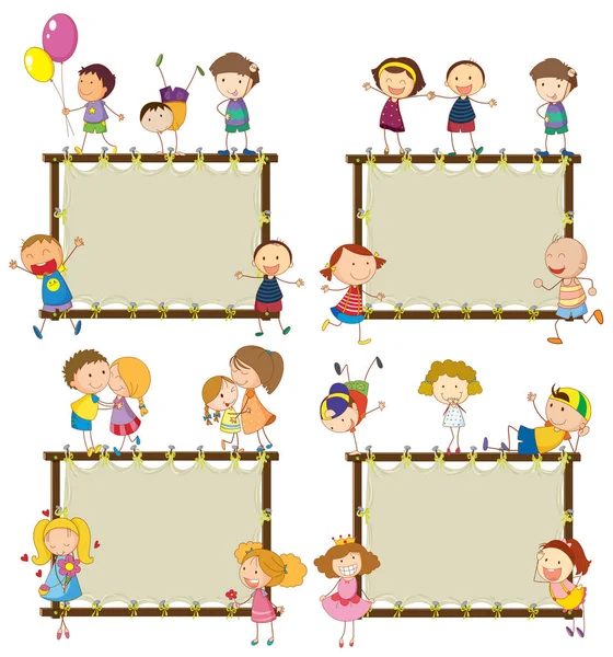 Cuatro diseños de marco con niños felices — Archivo Imágenes Vectoriales
