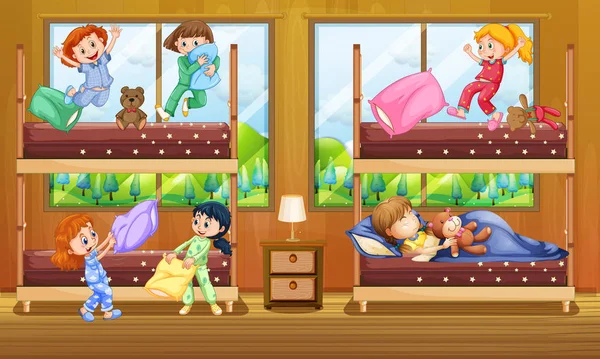 Kinder im Schlafzimmer mit zwei Stockbetten — Stockvektor