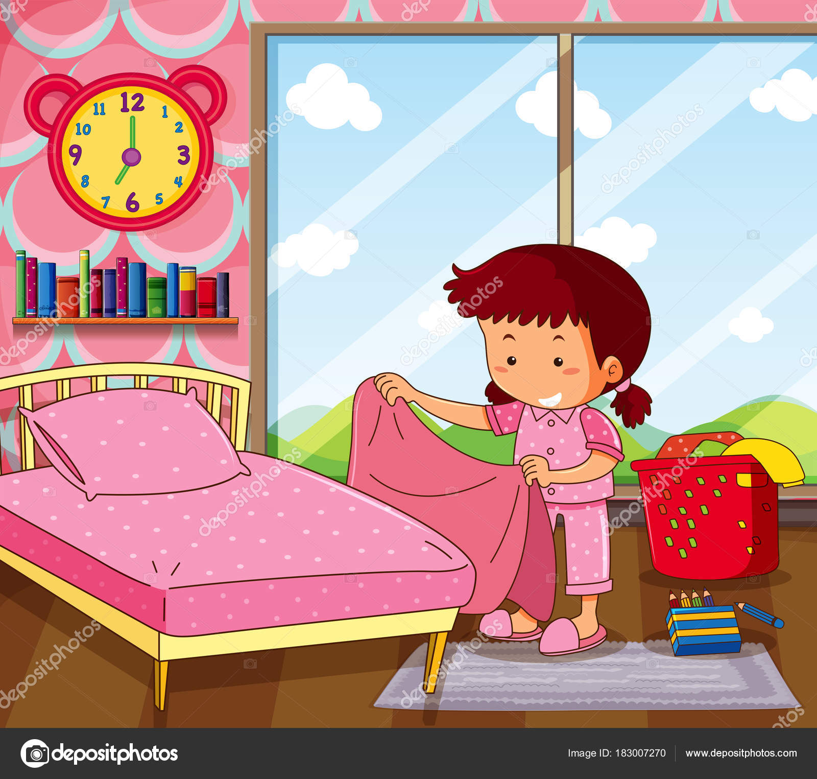 Girl making bed in pink bedroom — Stock Vector © interactimages #183007270