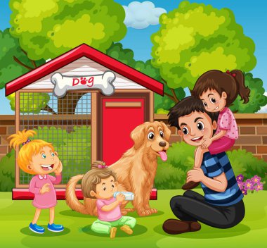 Baba ve üç kız bahçede köpekle