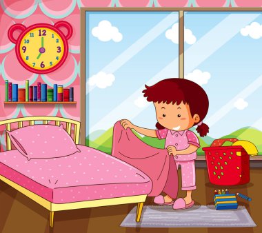 Kız pembe yatak odasında yatak yapma