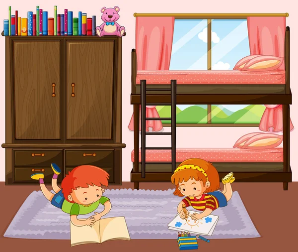 Niño y niña leyendo libro en el dormitorio — Vector de stock