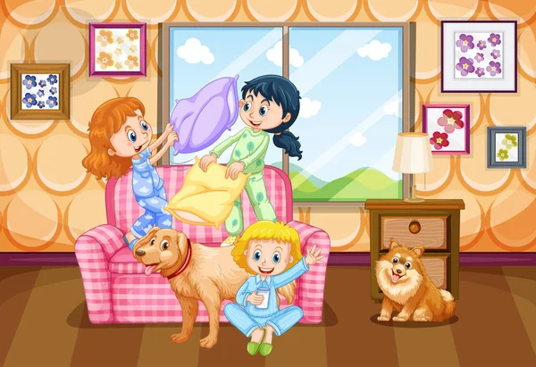 Tres niños con dos perros en casa — Vector de stock