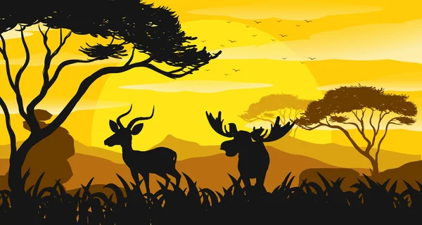 Silhouette scene with gazelle and moose at sunset — Stock Vector