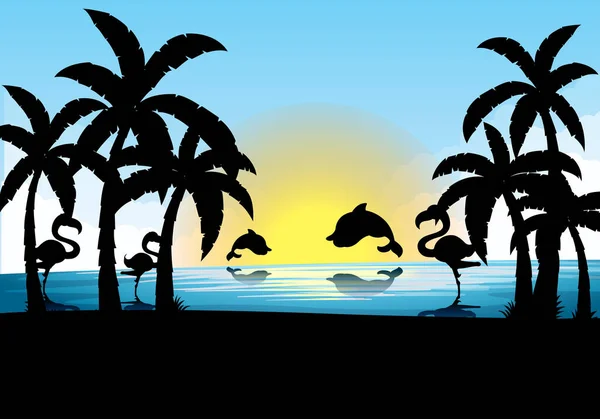 Silhouette scene with dolphin and flamingo at sunset — Stock Vector