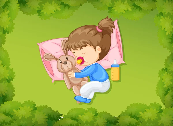 Mała dziewczynka spanie z bunny lalki — Wektor stockowy