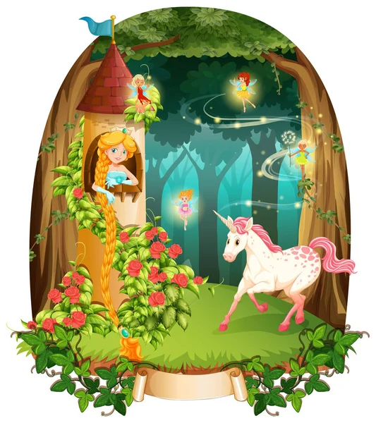 Princesa y unicornio en la torre — Archivo Imágenes Vectoriales