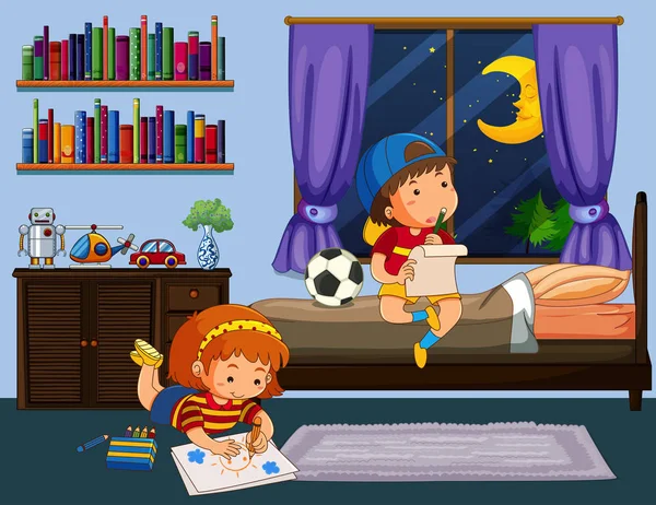 Мальчик и девочка делают домашнее задание в спальне — стоковый вектор