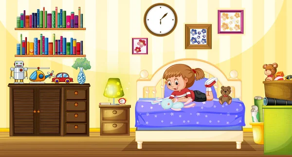 Little girl playing with doll in bedroom — Stock Vector