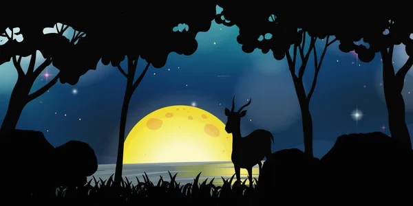 Scène de silhouette avec cerf lors de la nuit de pleine lune — Image vectorielle