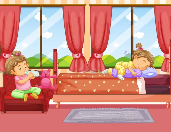 Двоє дітей сплять і п'ють молоко в спальні — стоковий вектор