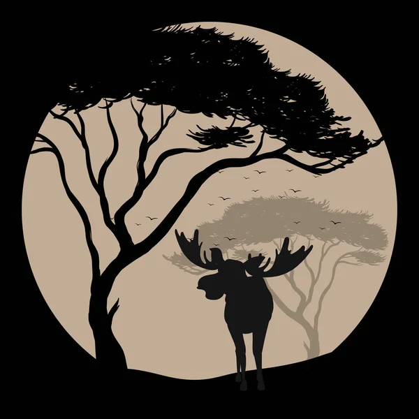 Silhouette scene with moose at fullmoon night — Stock Vector