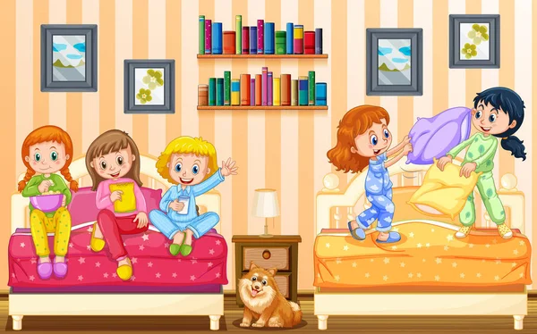 Fem tjejer som spelar i sovrum — Stock vektor