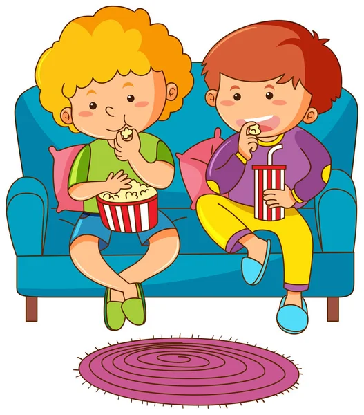 Two boys eating snack and drinking soda on sofa — Stock Vector