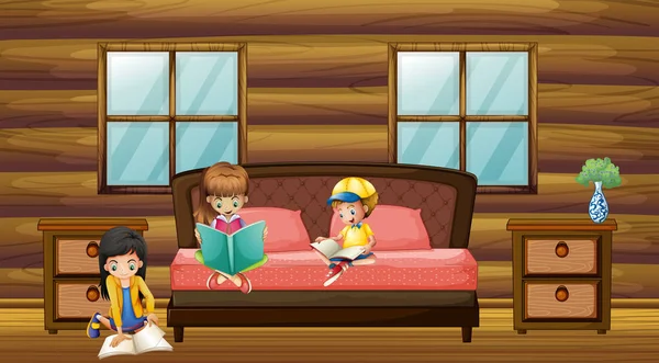 Tres niños leyendo libros en el dormitorio — Vector de stock