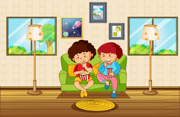 Wohnzimmer-Szene mit zwei Jungen beim Imbiss Stockillustration
